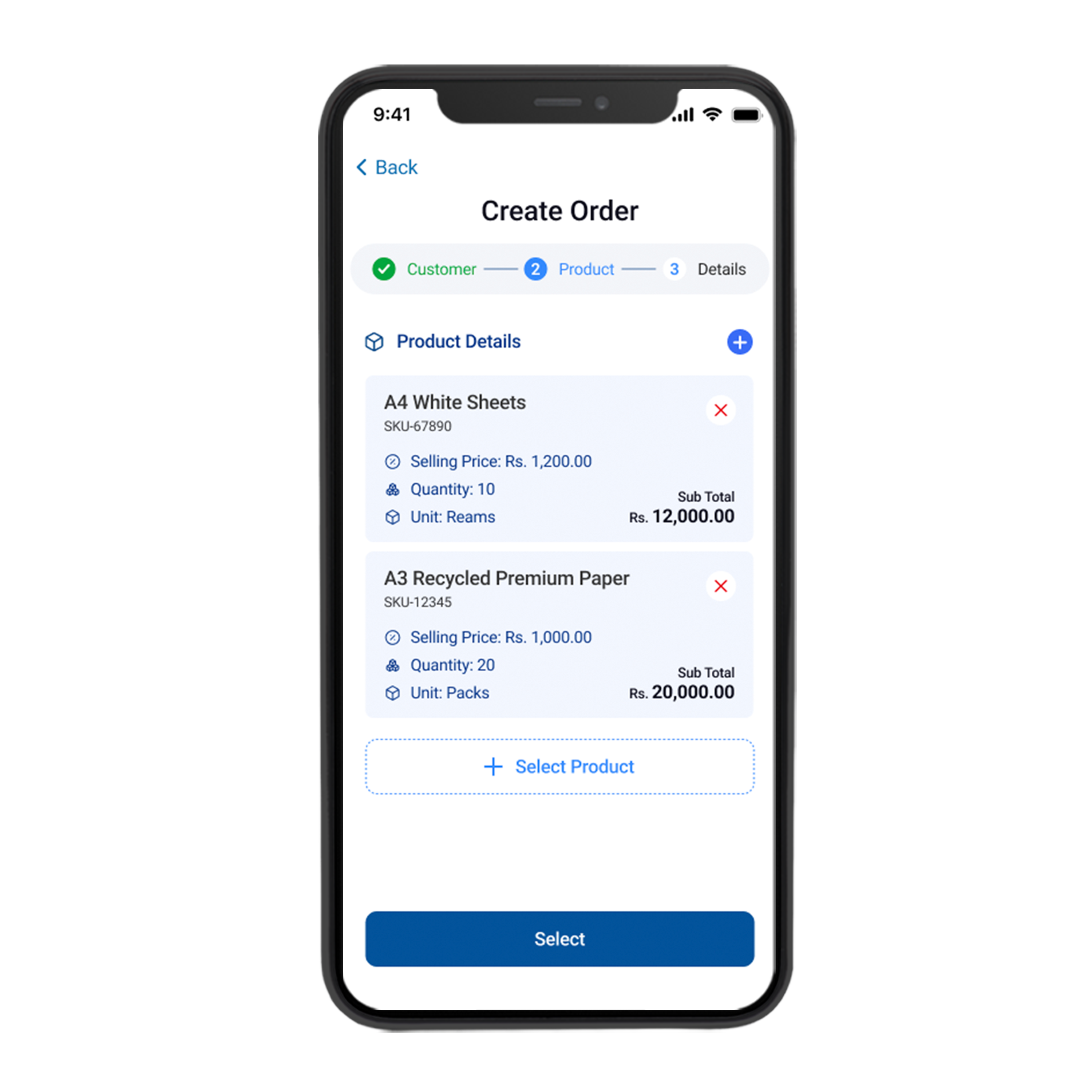 Storemate app create order screen with product selection
